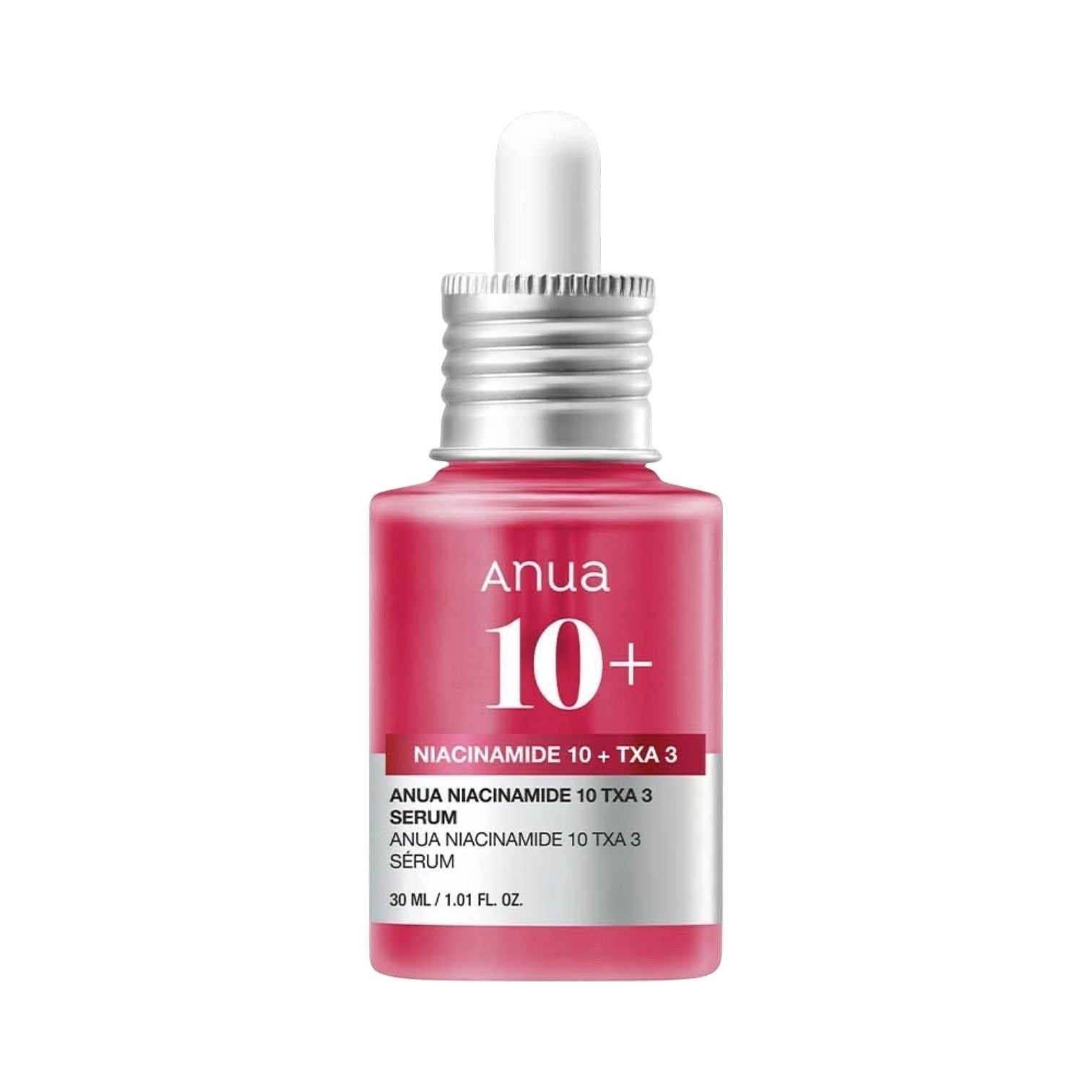 Anua Niacinamide 10% + TXA 4% Serum in a pink glass bottle with a dropper. 30ml.