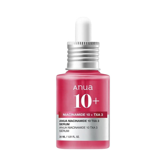 Anua Niacinamide 10% + TXA 4% Serum in a pink glass bottle with a dropper. 30ml.